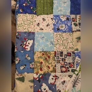 Handmade Snowman Christmas Trees Cotton and Fleece Quilt 45"x 49"